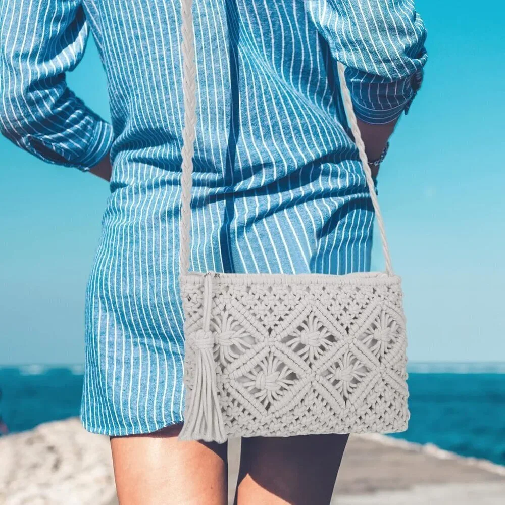Women Crochet Beach Crossbody Bag Cotton Polyester Small Travel Purse